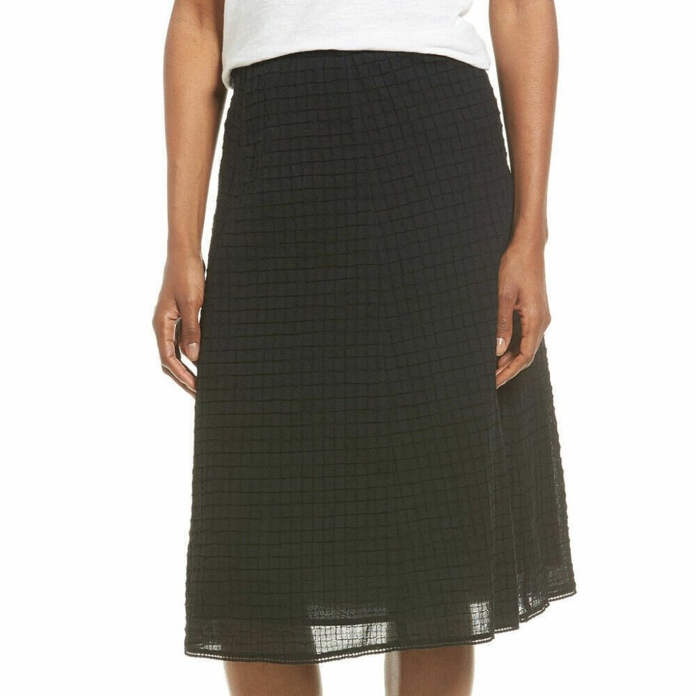 Eileen Fisher $198 Black Organic Cotton Voile Box Knee Length Full Skirt LG NWT